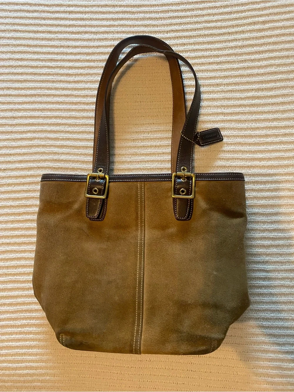 Coach Brown Suede Tote with Dark Brown Leather Straps and Brass Hardware